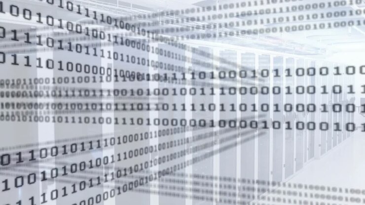 Opening corridor showing server racks scrolling binary code while camera panning exposing data flow