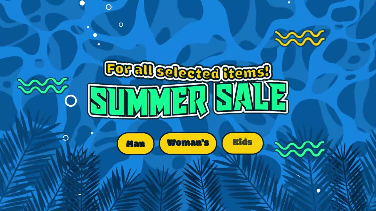 Levende animeret sommersalgsreklame med tropiske elementer