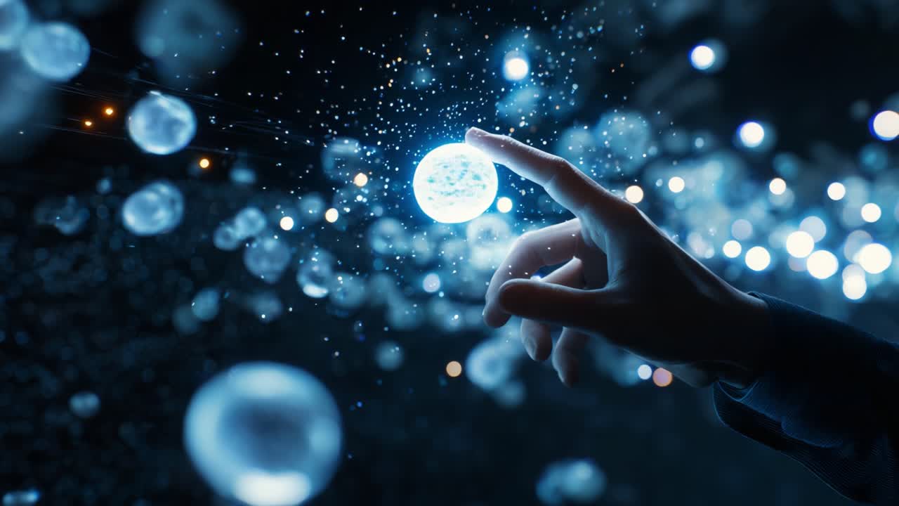 A mesmerizing interaction with ethereal glowing orbs suspended in a magical, sparkling atmosphere captivates the viewer's imagination, evoking feelings of wonder and curiosity