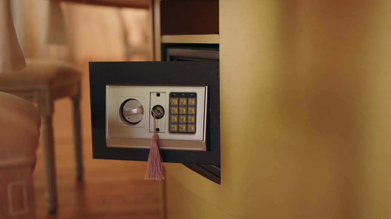 interior wall safe with keypad left open and key hanging from keyhole