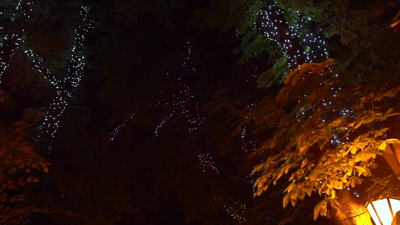 Smooth transition from the garlands on the trees to the old-fashioned street light