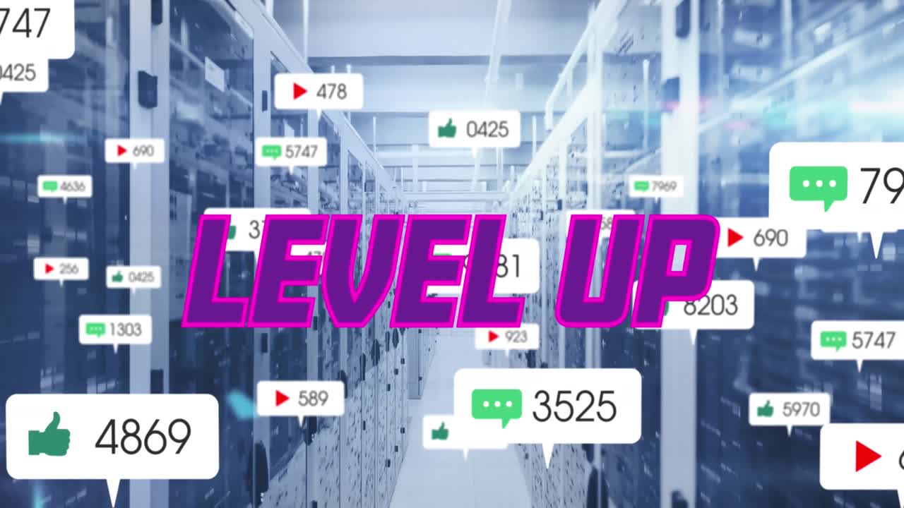 컴퓨터 서버  ⁇ 에서 소셜 미디어 알림과 함께 보라색 텍스트 레벨을 올리는 애니메이션