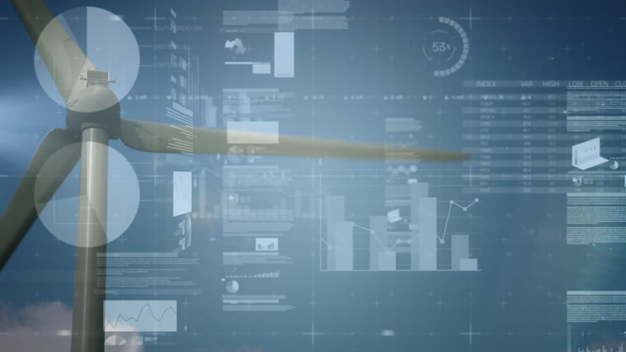Composite video of statistical data processing against windmill spinning and clouds in the blue sky