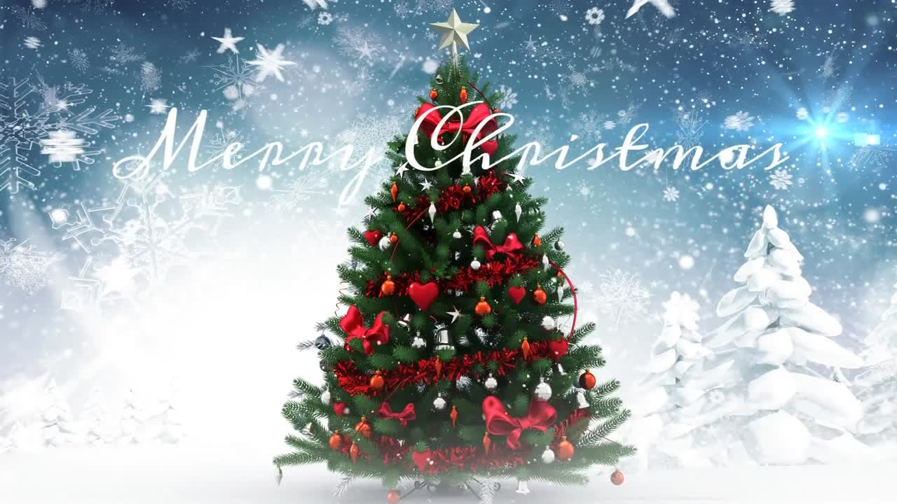 장식된 크리스마스 트리 위에 눈이 떨어지는 스노우플레이크와 렌즈 플레어의 애니메이션.