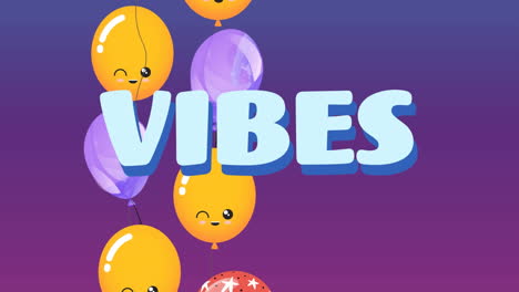 animación de las vibraciones de la palabra en azul con globos flotantes en púrpura