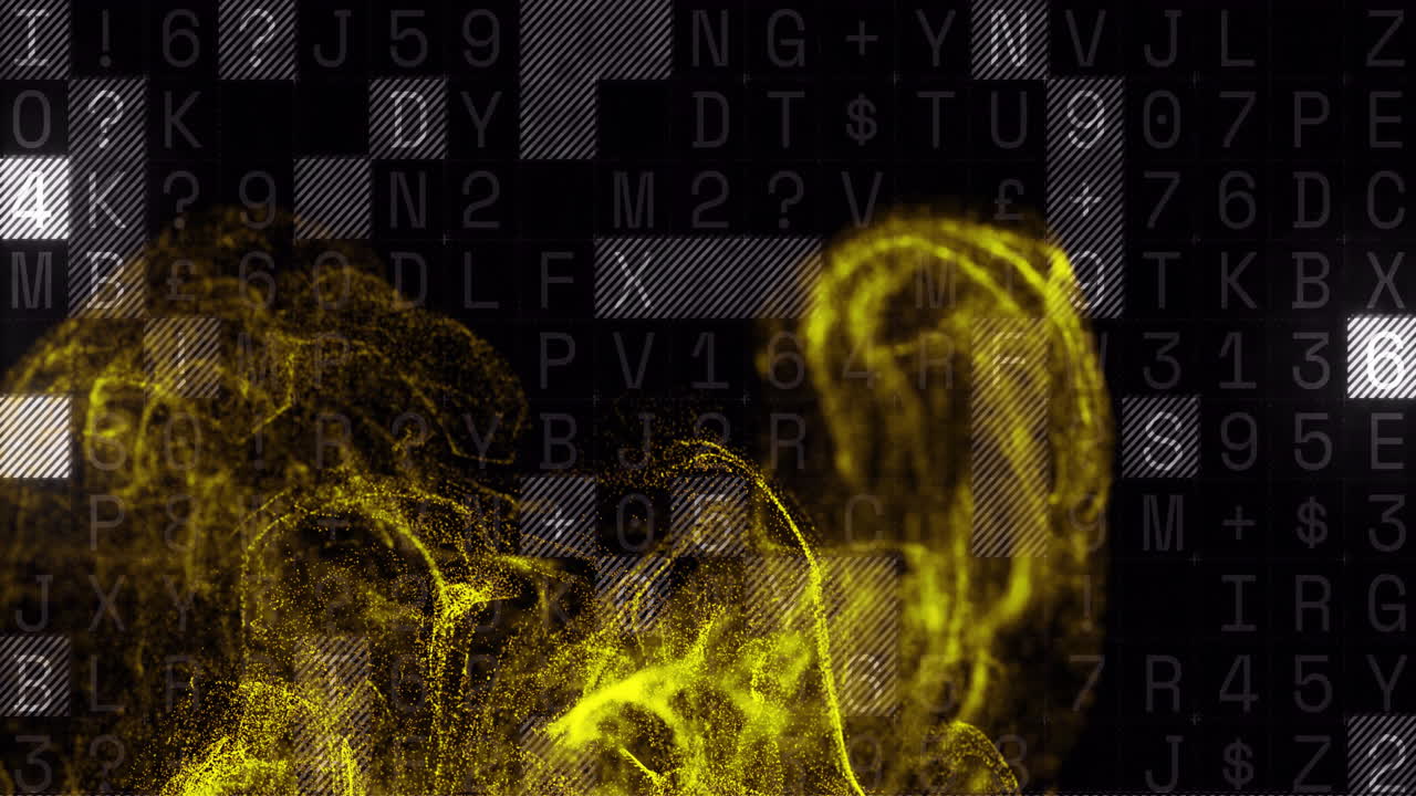 Yellow particle waves animation over alphanumeric code background