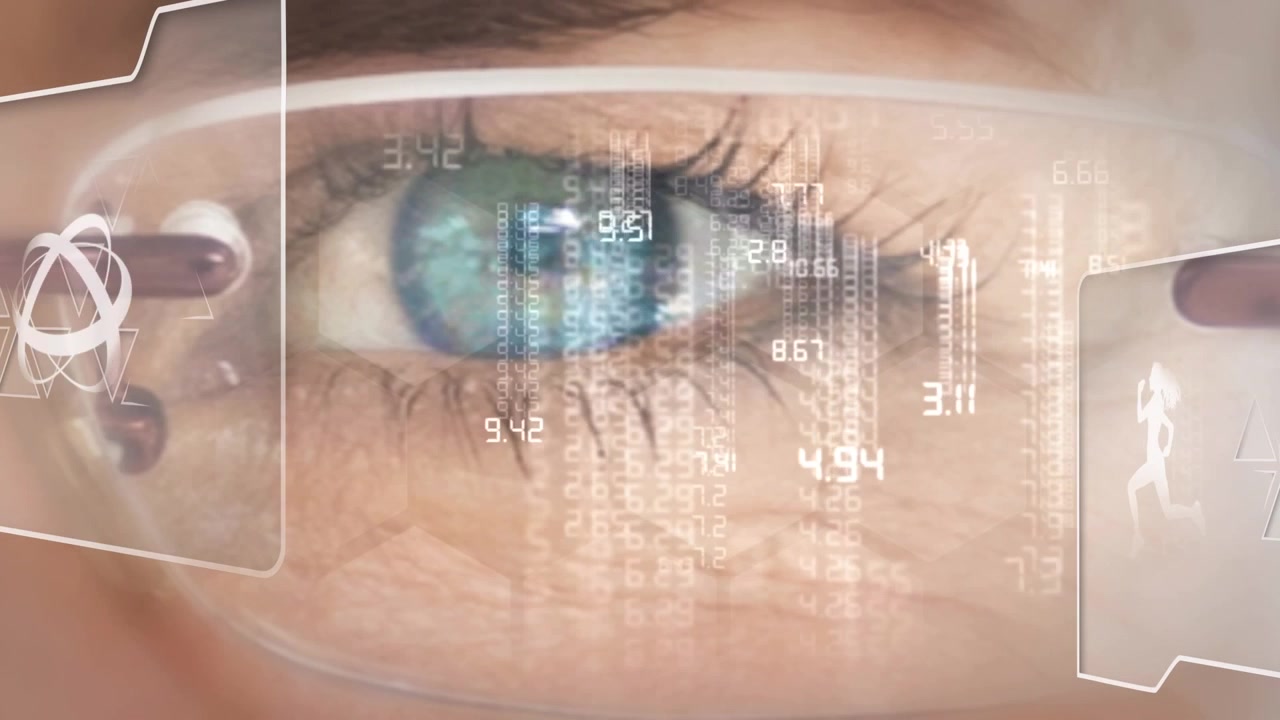 Animation of data processing over eye of caucasian woman