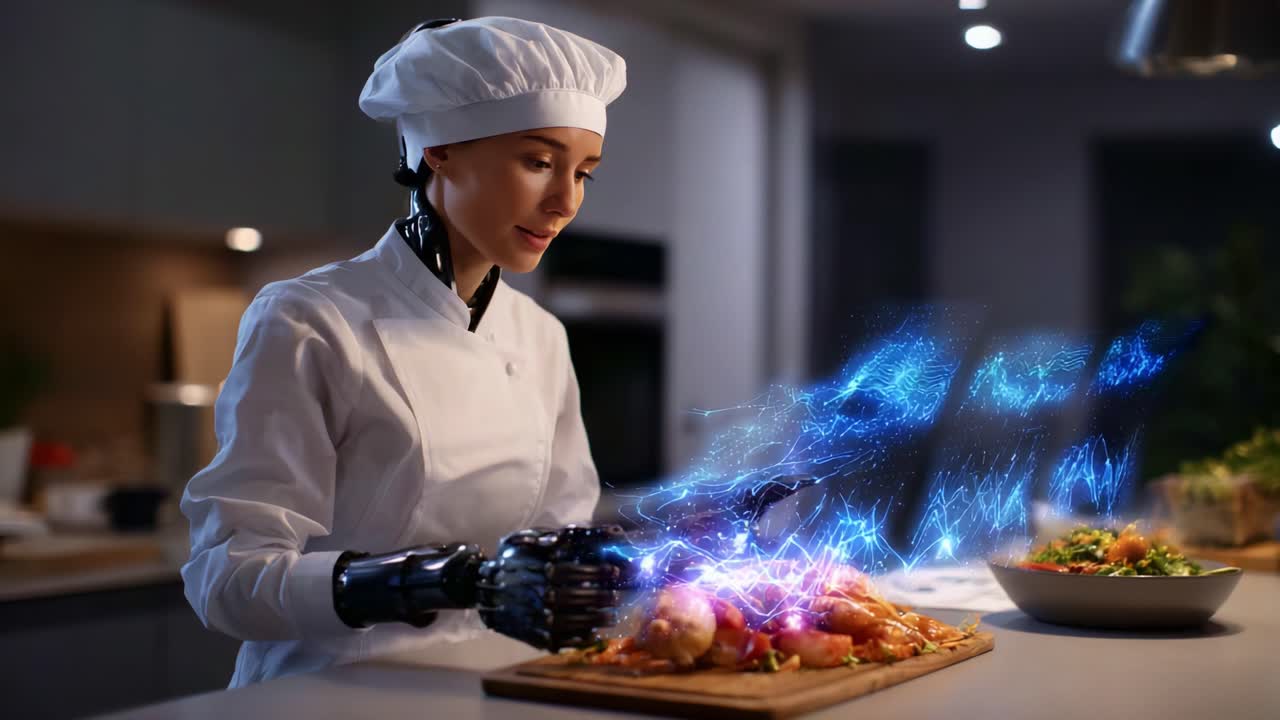 Un'esperienza culinaria futuristica: uno chef robot prepara pasti deliziosi con tecnologia avanzata in una cucina moderna, unendo innovazione e arte culinaria