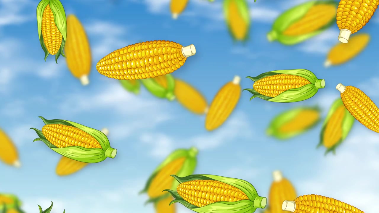 Stylized corn cobs fall through a bright blue sky with soft white clouds.