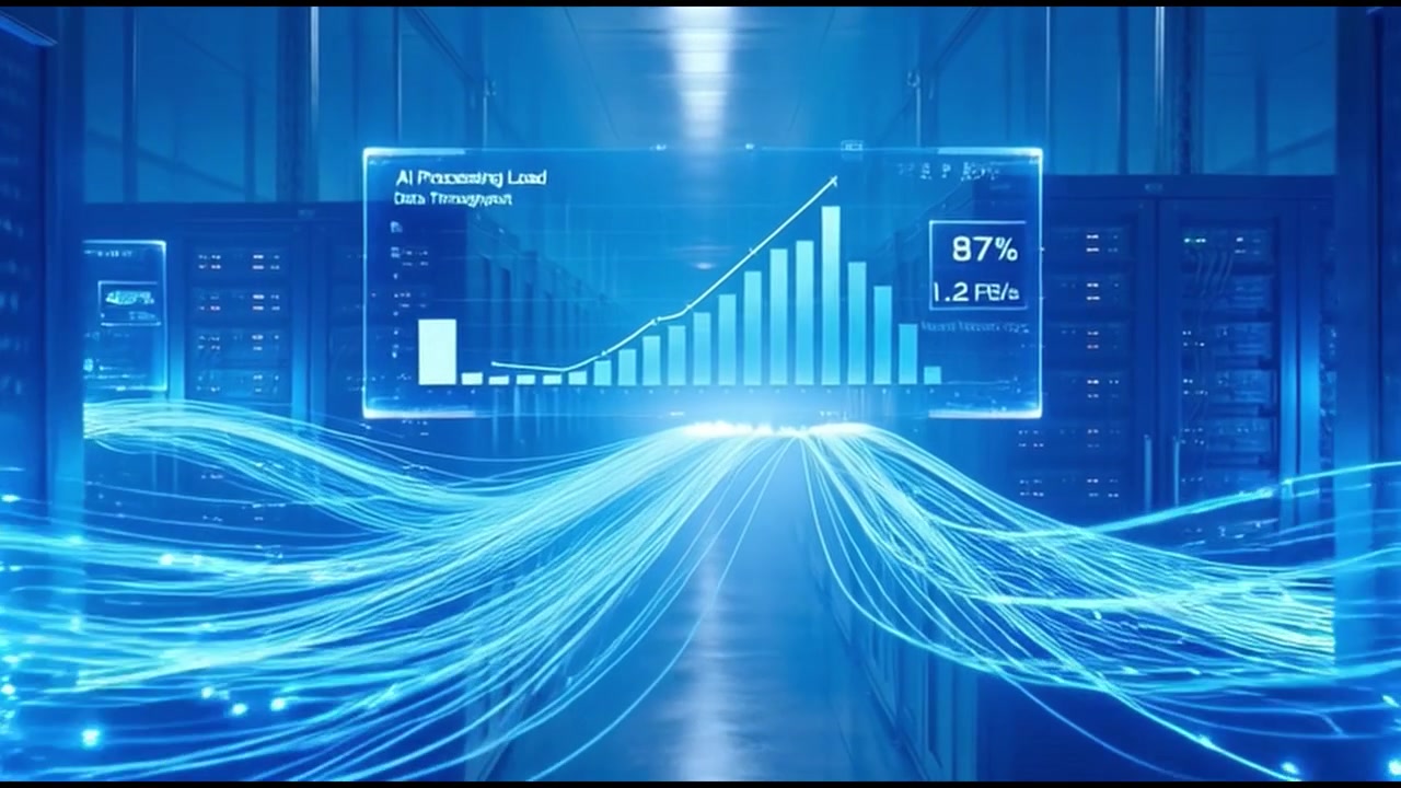 Data Center Server Room with Animated AI Processing Load Visualization
