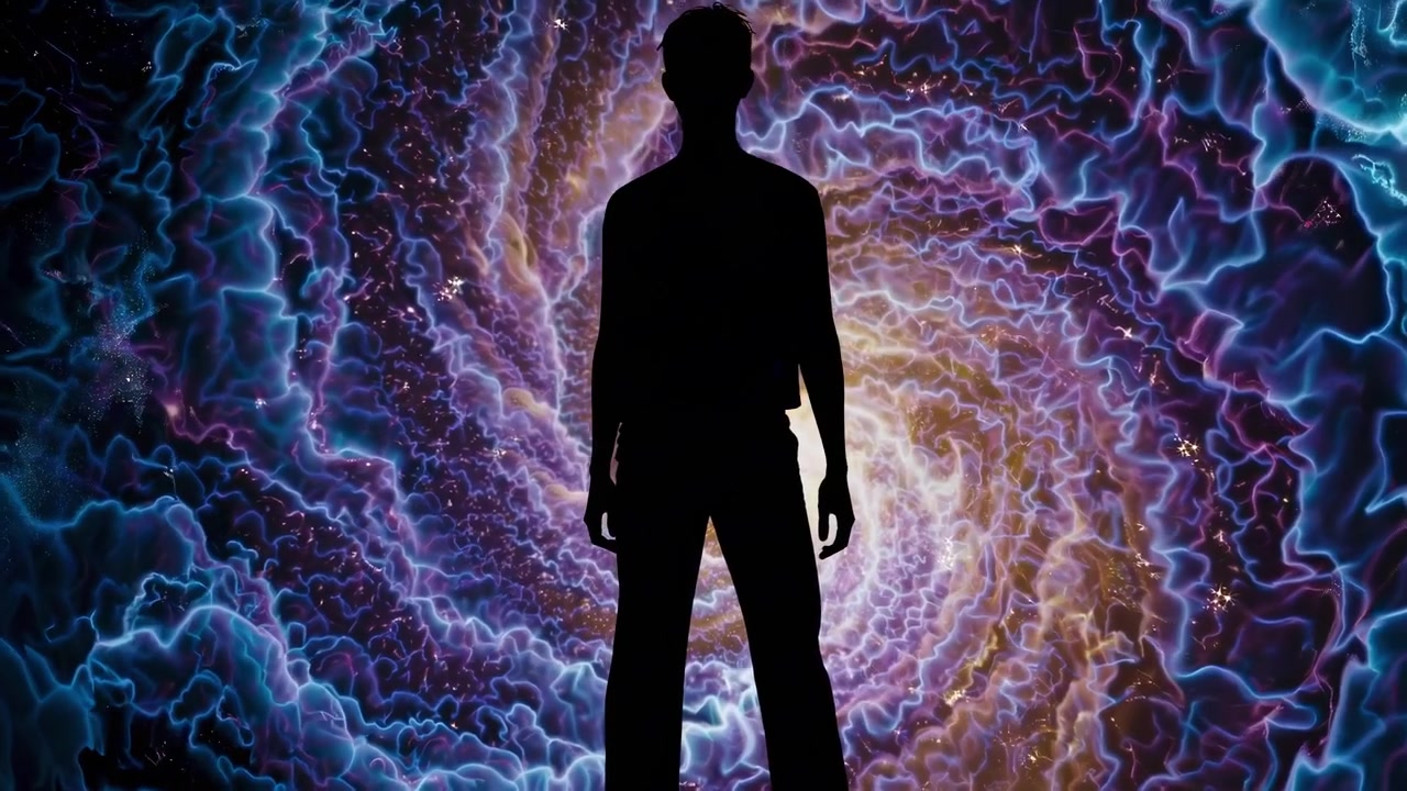 Silhouette di persona in piedi davanti a un vortice astratto di energia cosmica