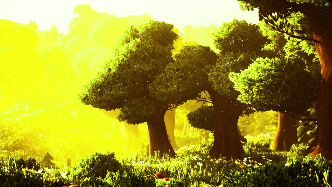 Golden sunlight illuminates a vibrant forest filled with lush greenery