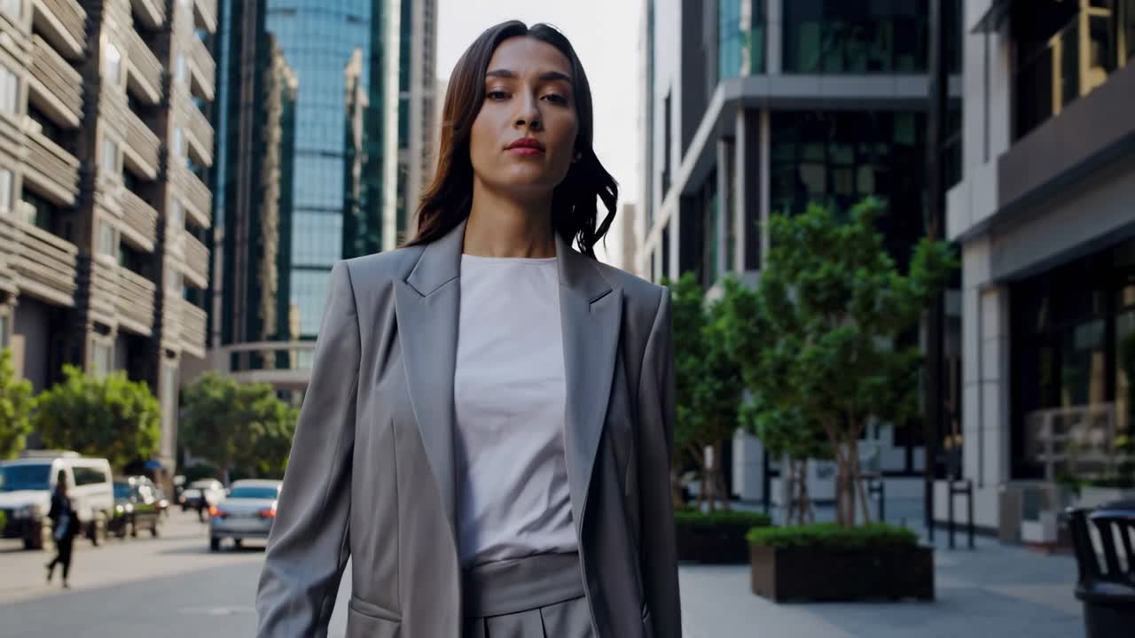 Low-angle video shot of a confident woman in a gray suit walking in a cityscape