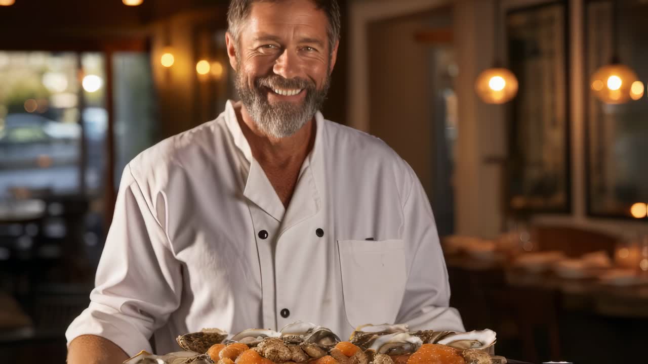 Portrait of a professional chef holding a tray of fresh oysters, smiling and looking at the camera in a restaurant kitchen with warm lighting