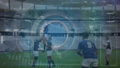 Animation-of-data-processing-over-diverse-rugby-players-at-stadium