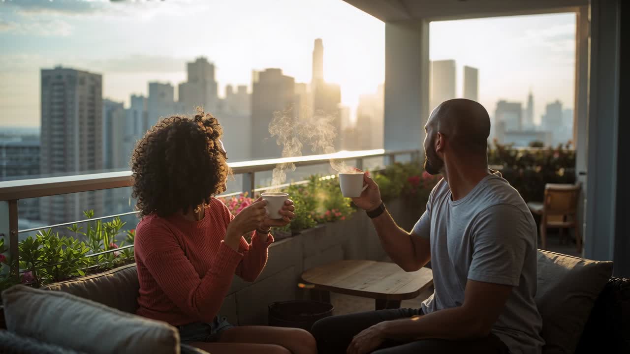 African American couple raising steaming mugs on balcony, toasting to sunset then watching skyline