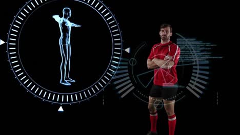 jugador de rugby profesional de pie con los brazos cruzados y datos médicos