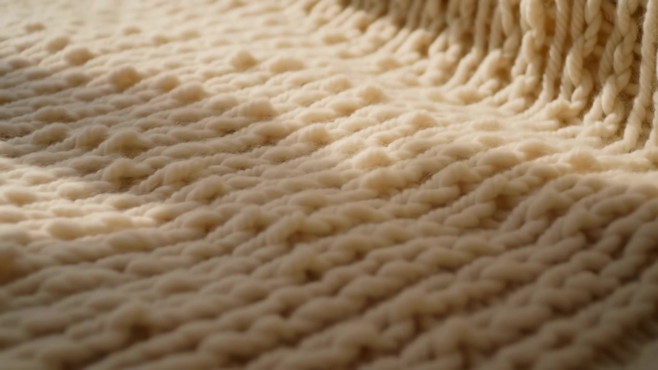 Una vista ravvicinata di un tessuto intrecciato felpato rivela anelli spessi e ombre mutevoli mentre la texture del tessuto si muove sottilmente, con tonalità beige, illuminazione soffusa e una composizione superficiale dettagliata.