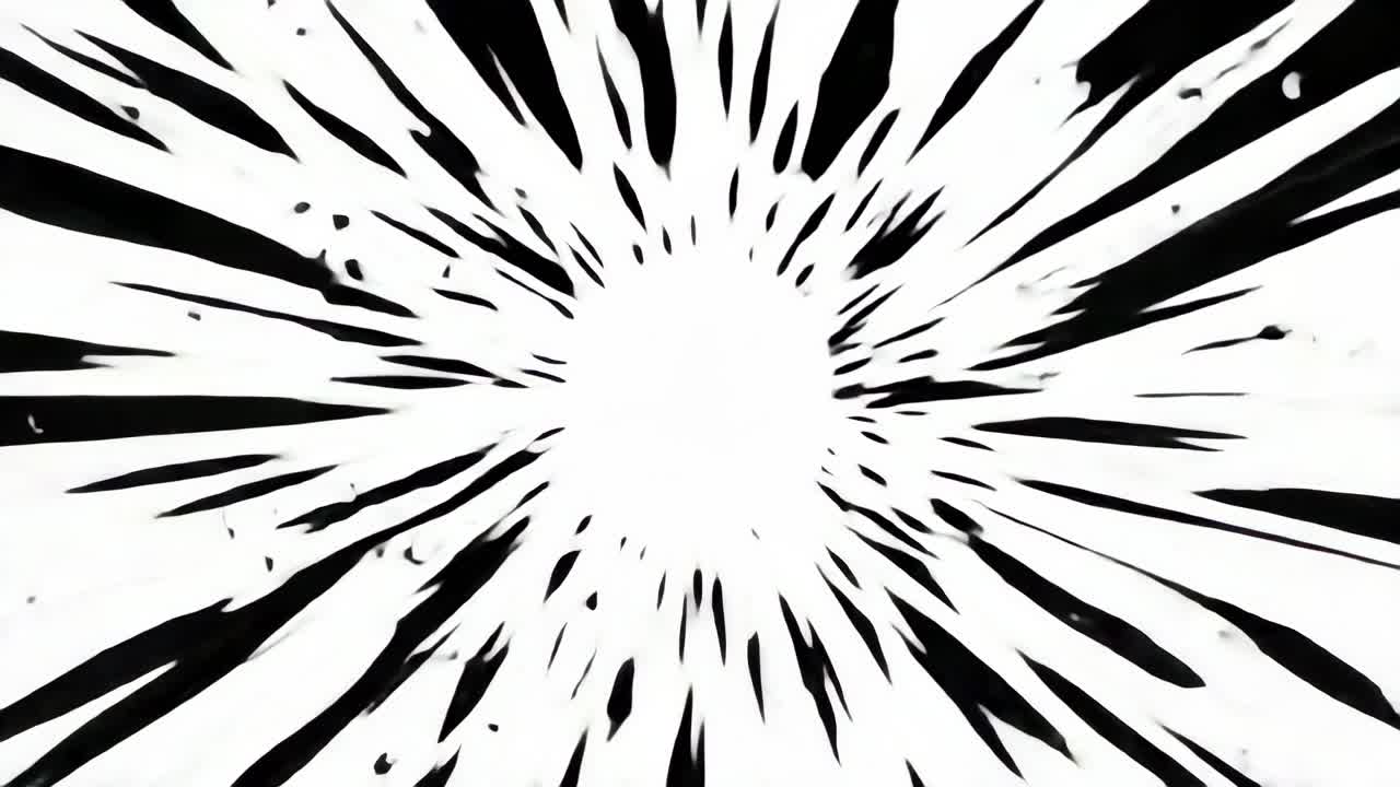 Dynamický efekt exploze v černobílém provedení, připomínající komiksový styl.