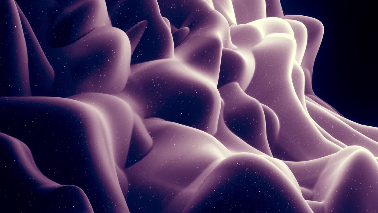 Abstrakte bølger af blødt sort mat materiale med let indre glød og glimmer på en morfende overflade. Abstrakt geometrisk overflade som et landskab eller terræn, der ekstruderer eller forskubber 3D-støj. Loop 4K