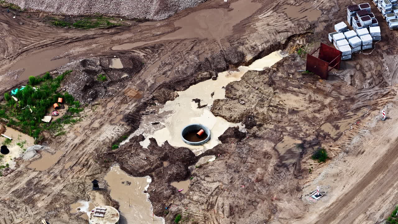 Aerial shot of an excavated site recently dug with patches of muddy water