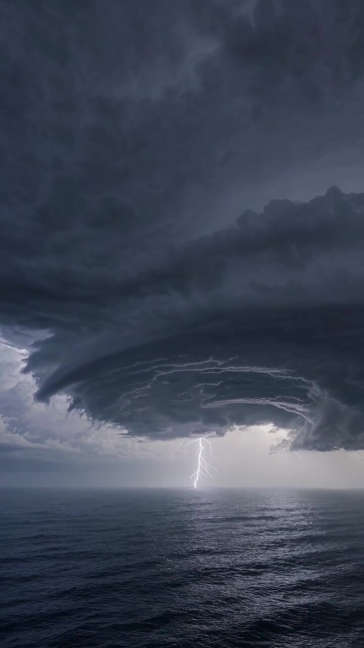 Fulmine che colpisce l'oceano scuro sotto una massiccia nuvola temporalesca