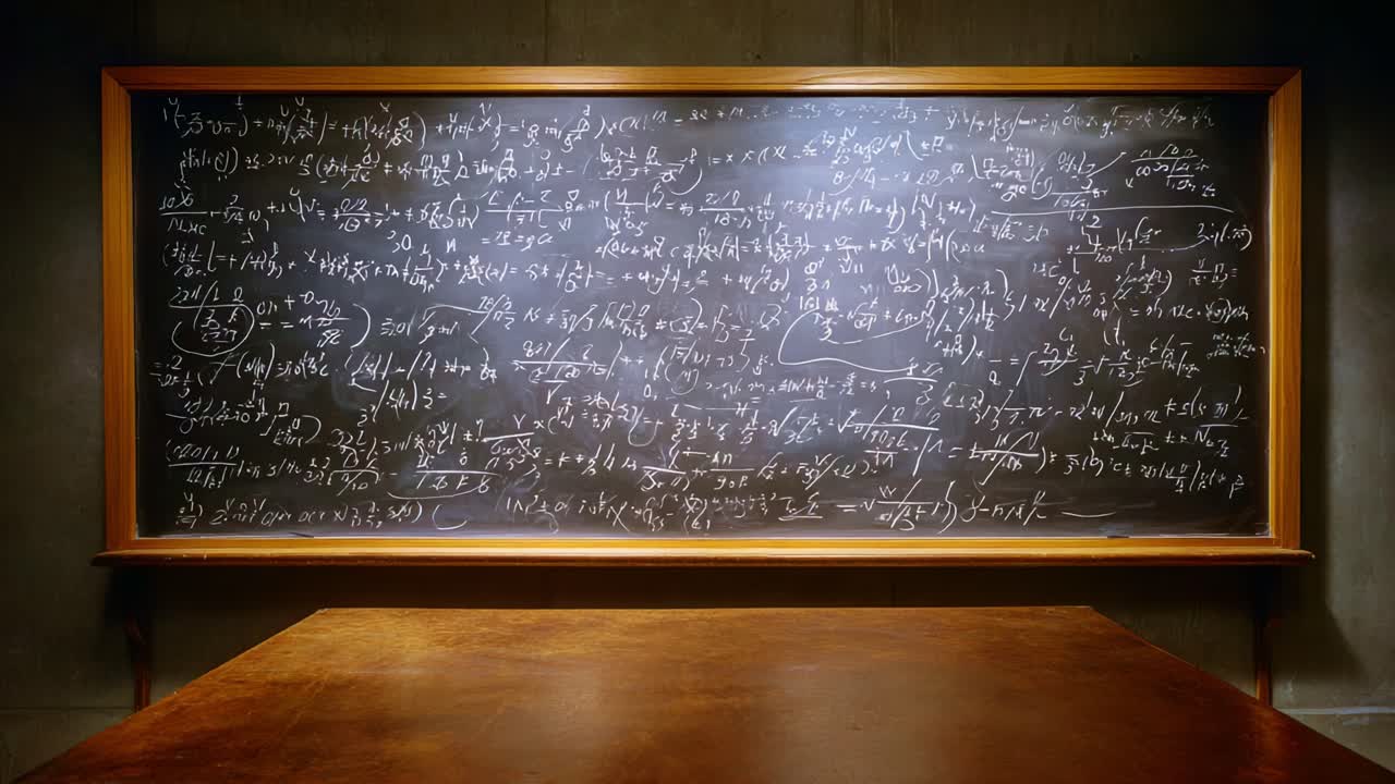 Složité matematické rovnice a vědecké vzorce zobrazené na černé tabuli ve třídě, které prezentují pokročilé teorie a výpočty
