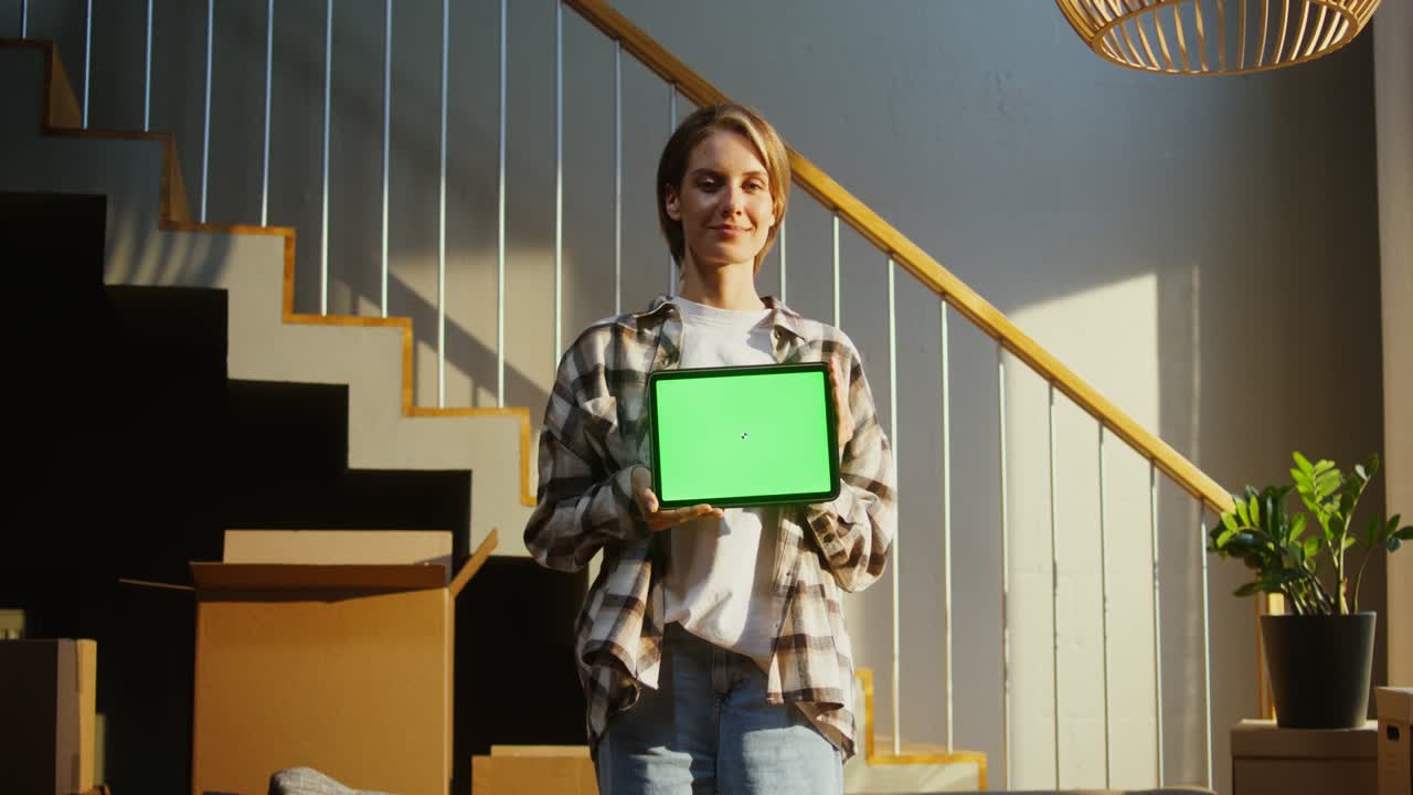 una mujer sostiene una tableta con una pantalla verde en sus manos