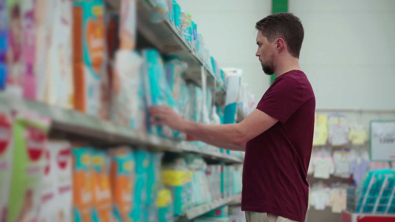 hombre comprando pañales en un supermercado