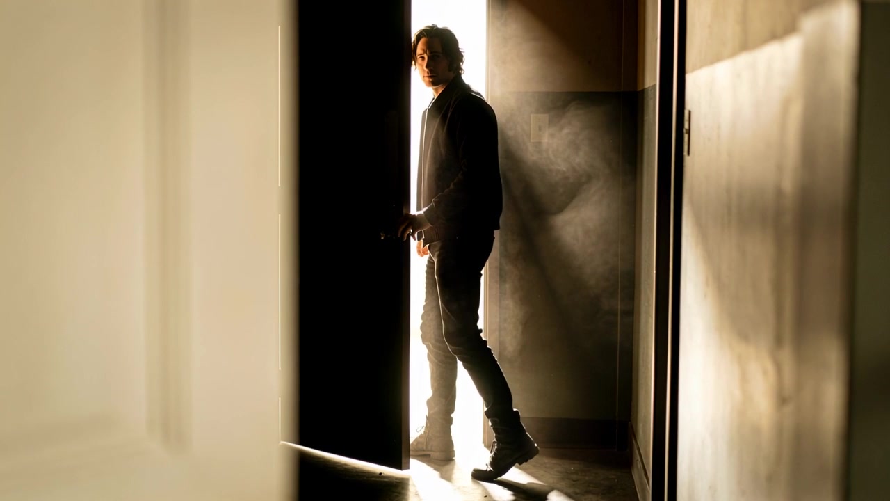 Voyant une lumière vive, un homme en manteau foncé tourne une poignée, entre dans un couloir sombre et jette un coup d'œil en arrière.
