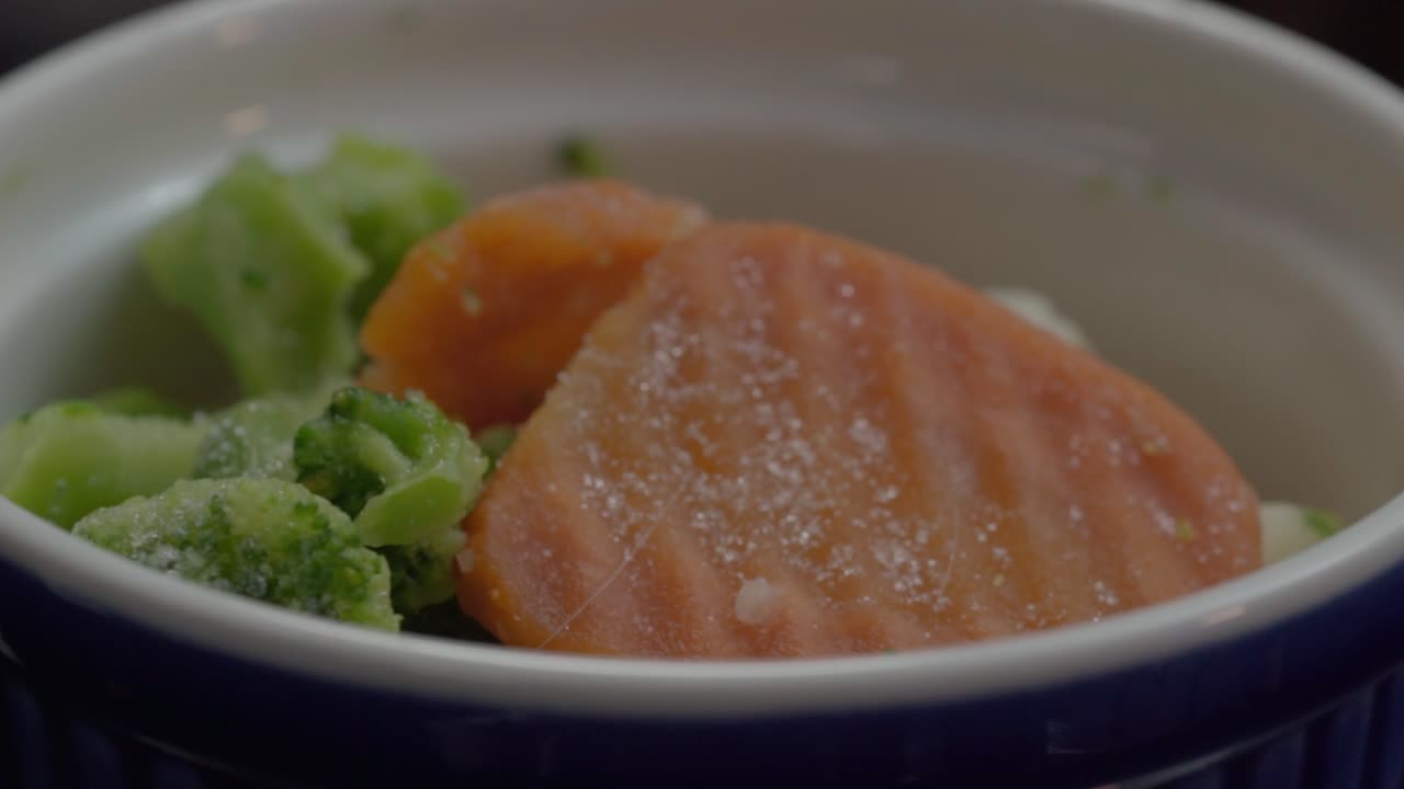 Frozen Salmon Fillet with Broccoli and Carrots in a Blue Bowl