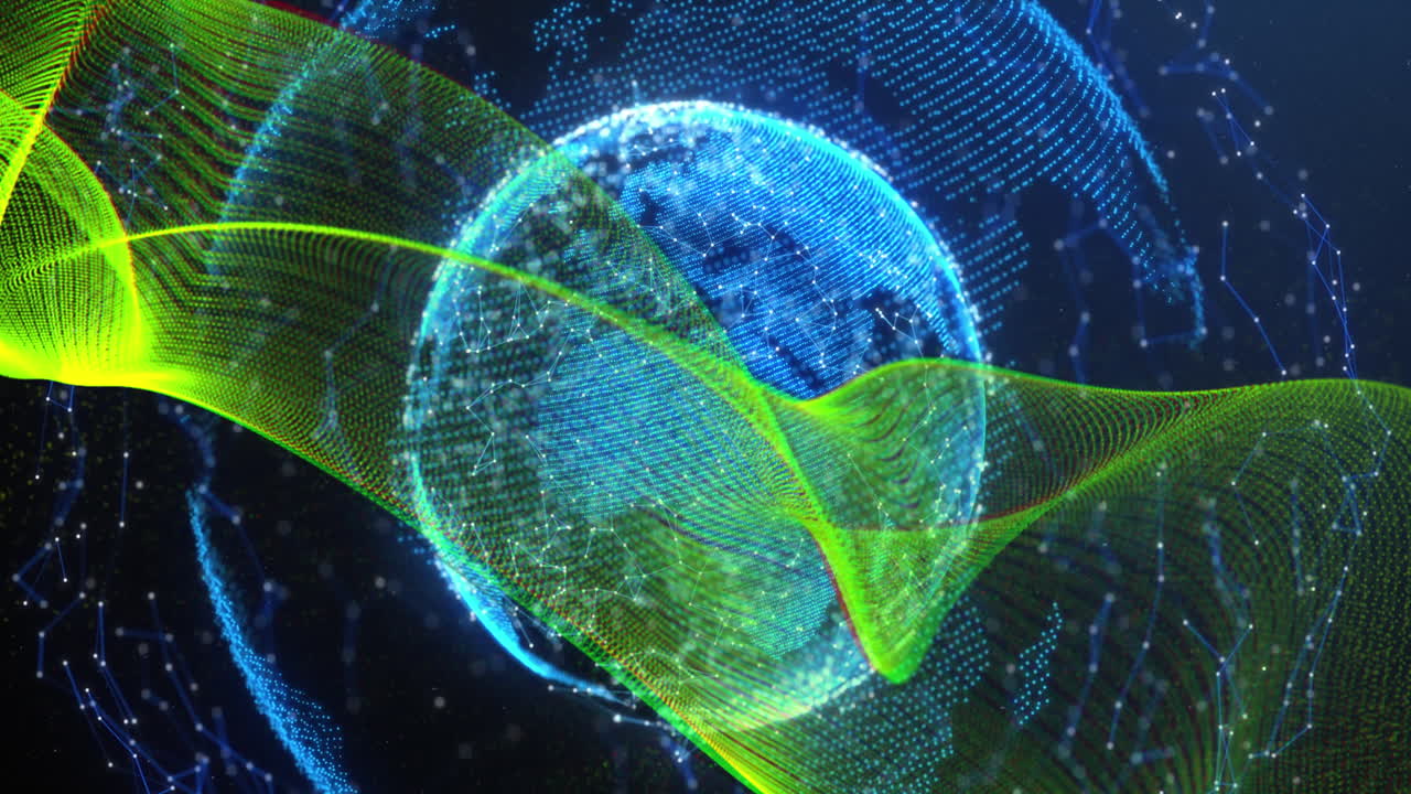 Animation of green digital wave and network of connections over spinning globe on blue background