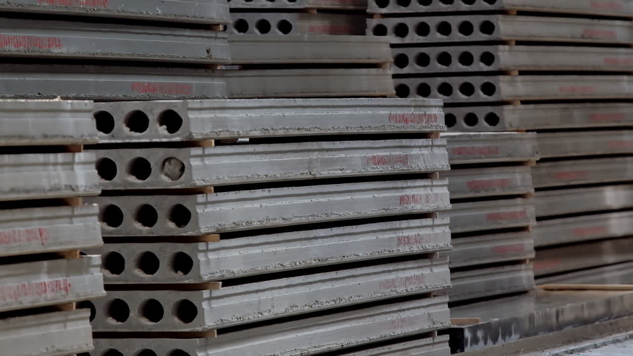 Stacks of concrete blocks. Reinforced concrete slabs inside the industrial plant. Production of building materials on a concrete manufacturing.