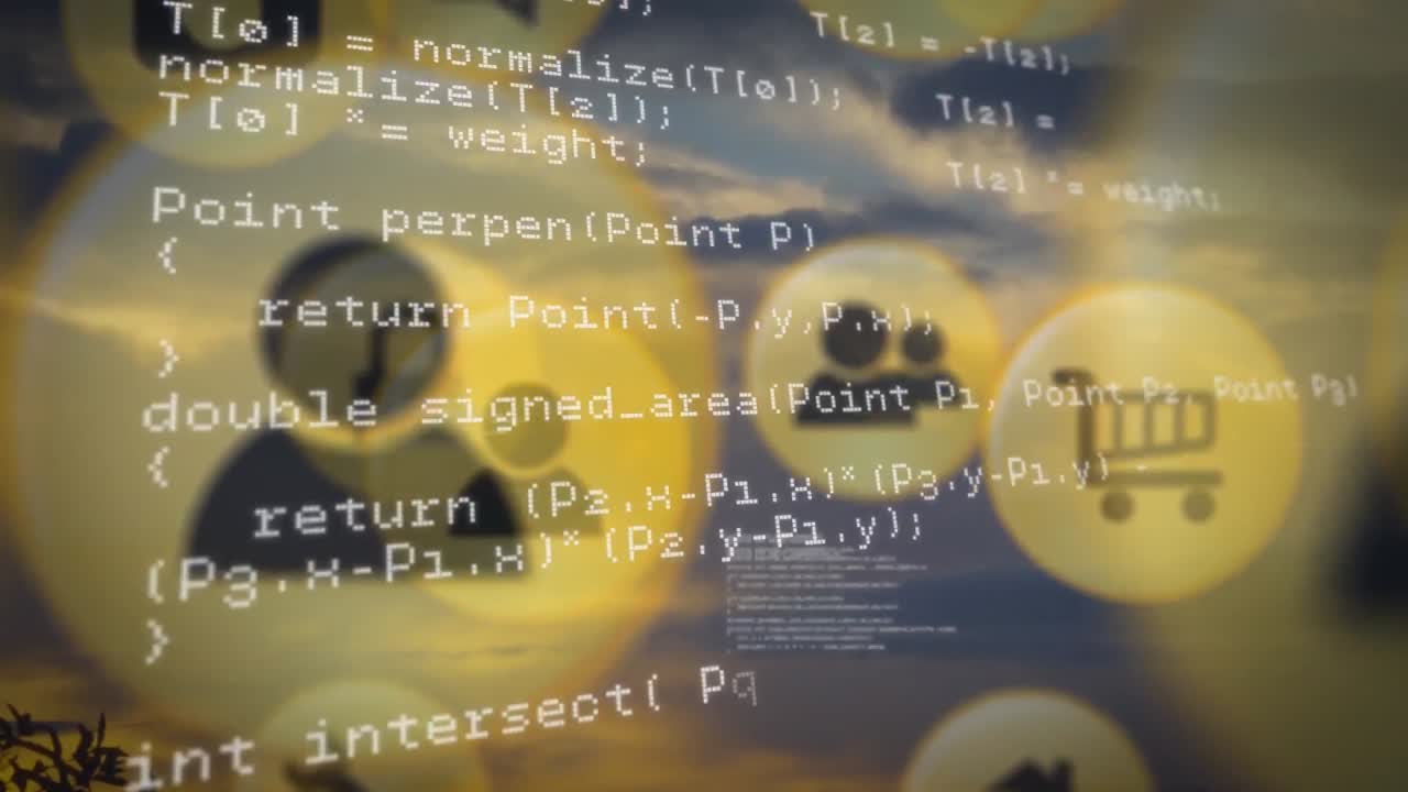 Digital icons and data processing against blue sky