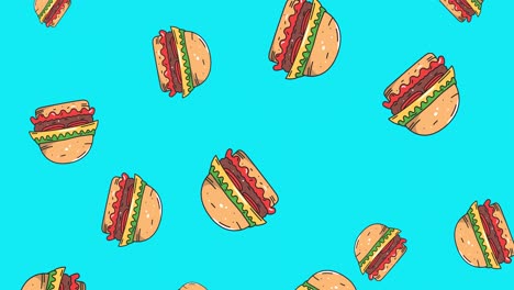 animación de varias hamburguesas con queso flotando sobre un fondo azul