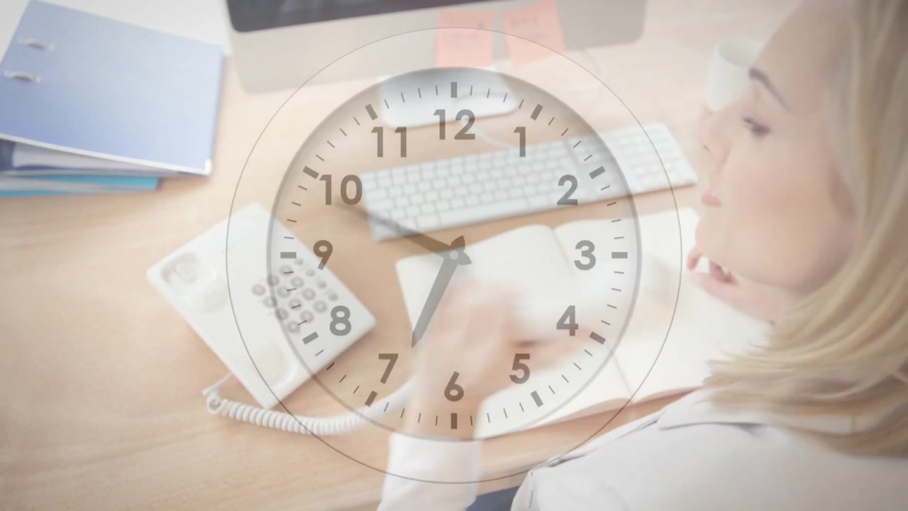 Clerk reaching for handset answering call, recording data, sipping, typing while clock advancing
