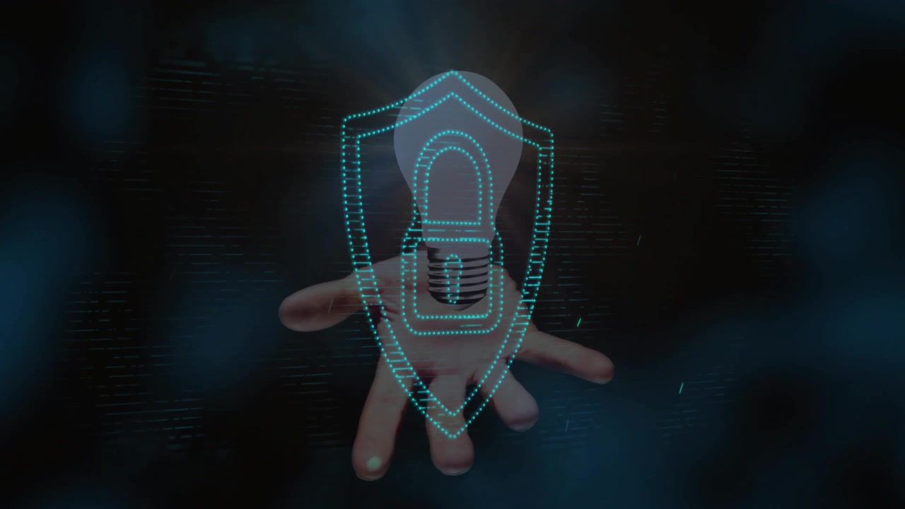 Holographic shield fading, glitch lines sweeping, hand tracing lock visualizing security emblem