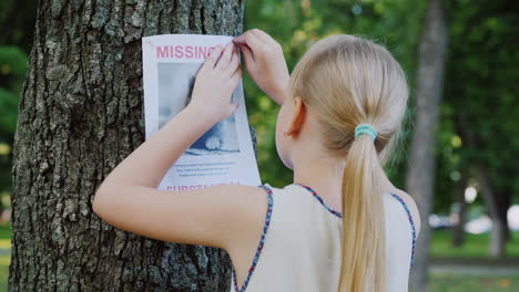 sad girl attaches a missing cat announcement to a tree