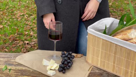 woman enjoying a picnic with wine, cheese, and grapes in the autumn