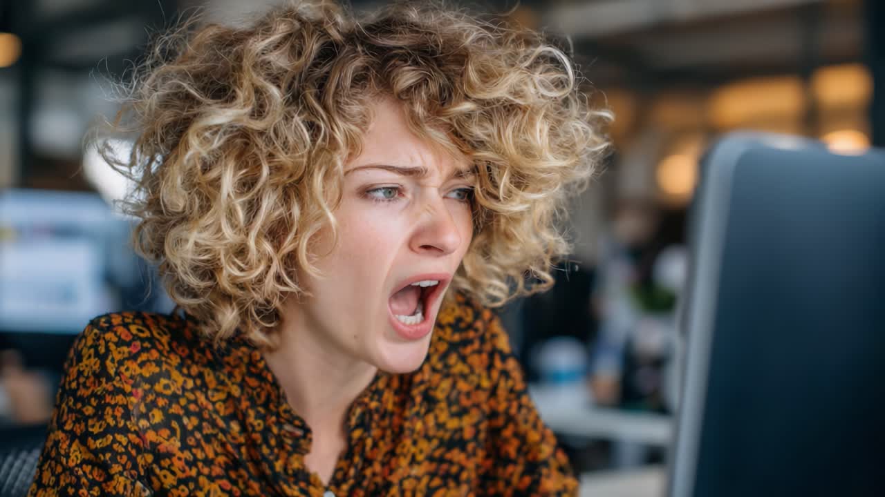 Frustration and Anger Captured: Emotive Expressions of a Young Woman Engaged in a Stressful Moment While Working on Her Computer