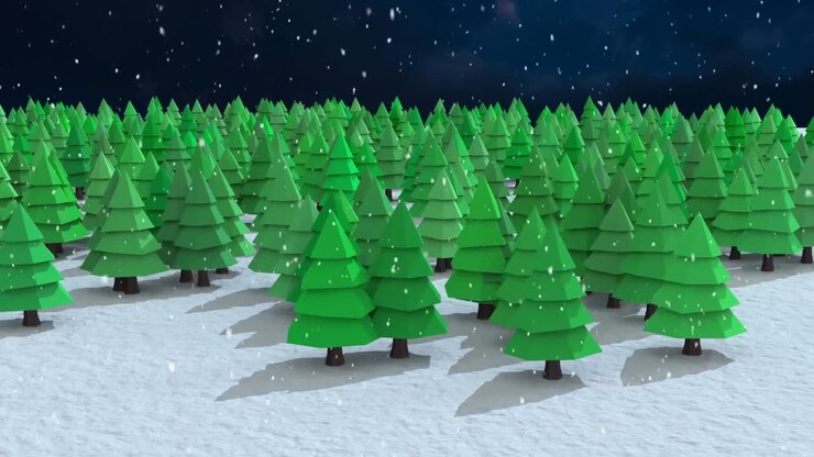 Snow falling over multiple tree icons on winter landscape against blue background