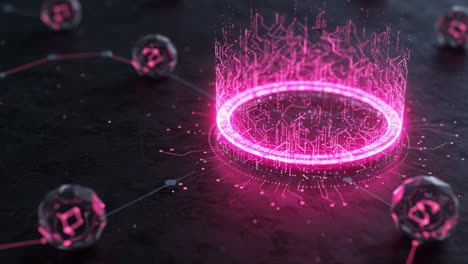futuristic digital landscape featuring a glowing pink data ring surrounded by spherical elements, representing advanced technology and connectivity