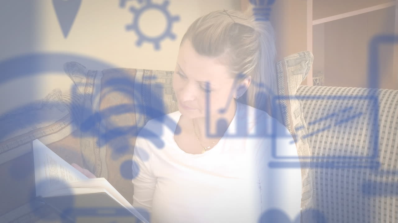 animación de una mujer sobre signos de redes sociales en el fondo