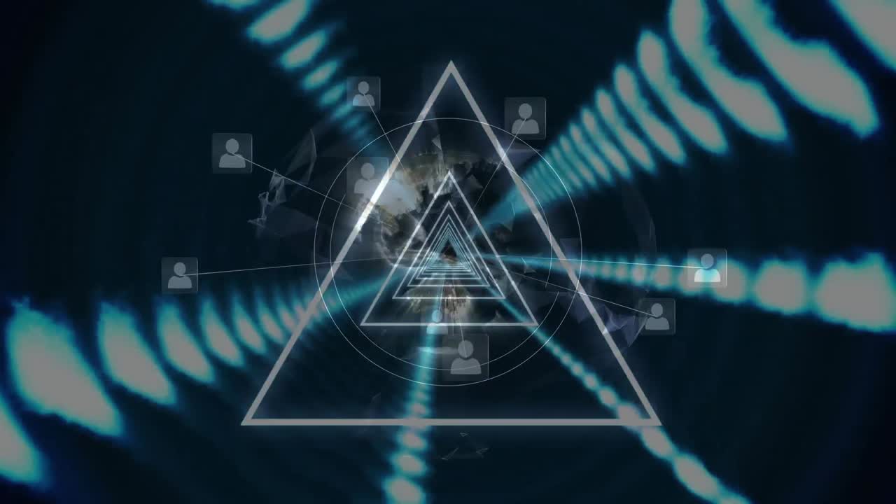 빛나는 불빛의 줄과 연결의 네트워크와 함께 지구, 네온 삼각형의 애니메이션