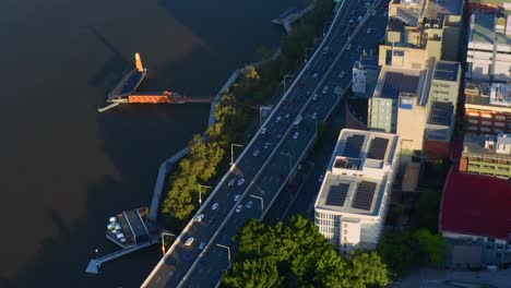 aerial view of morning traffic on brisbane riverside expressway, qld australia