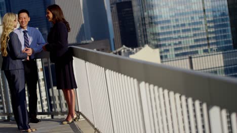 confident multi ethnic business team meeting on rooftop