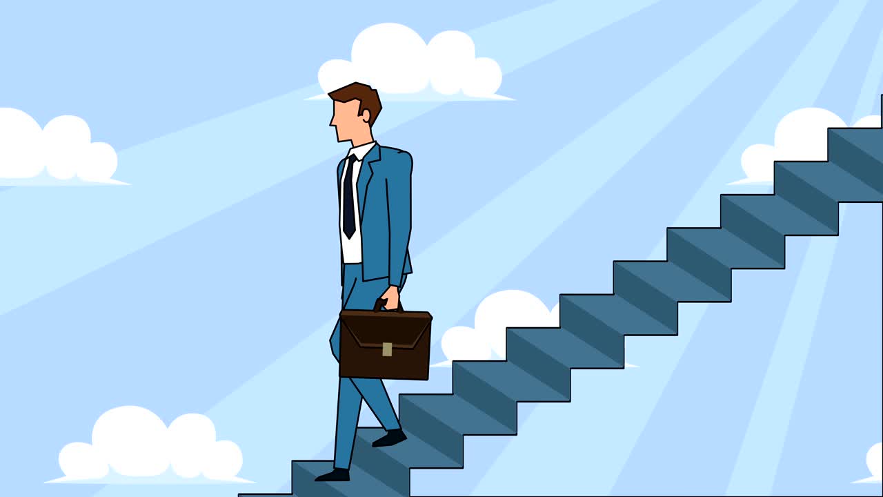 personaje de dibujos animados de hombre de negocios plano con bolsa de caso baja por la escalera de la carrera escaleras de concepto de animación