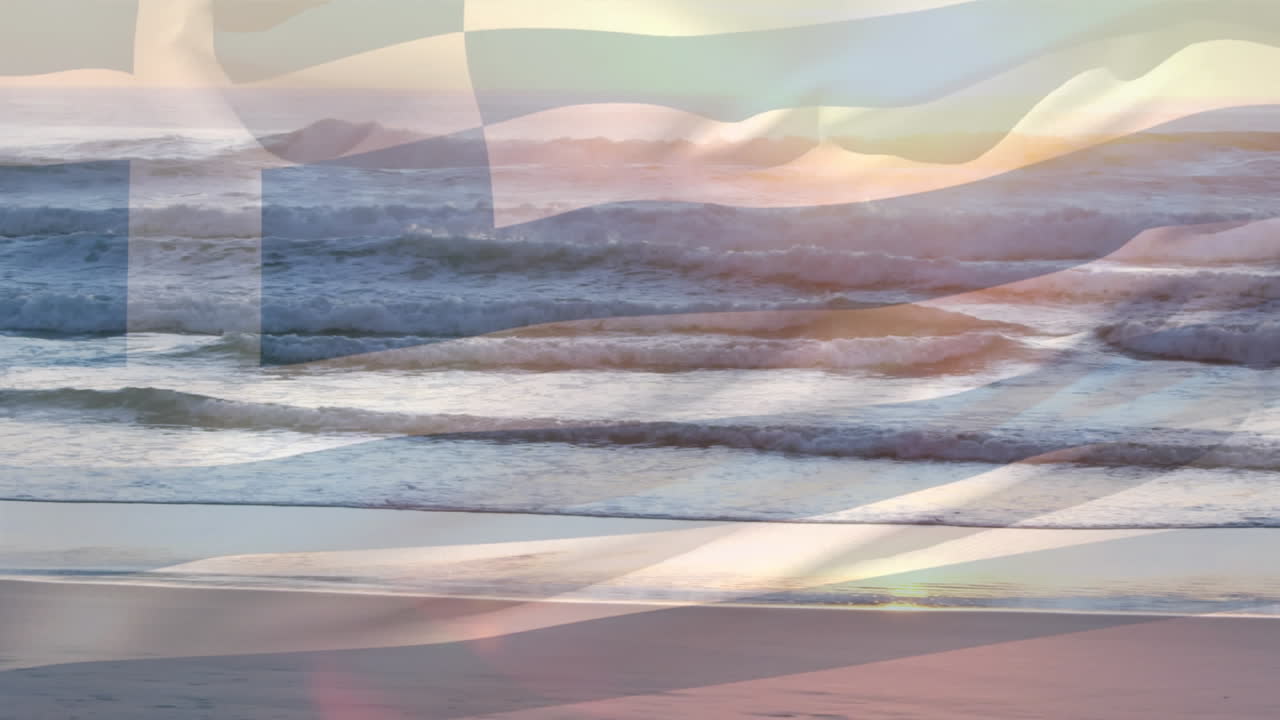 해변과 바다 파도의 전망에 대비하여 그리스  ⁇ 발을 흔드는 디지털 구성