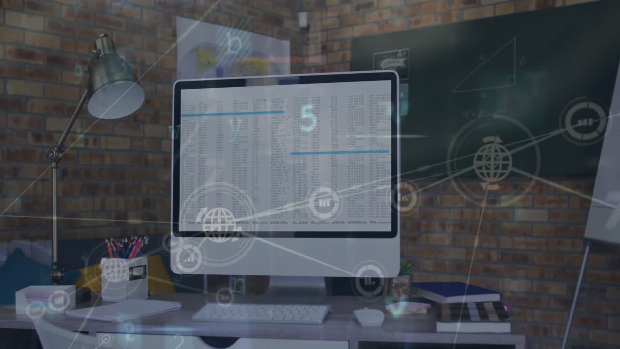 animación de la red de iconos digitales y procesamiento de datos de seguridad cibernética contra el escritorio