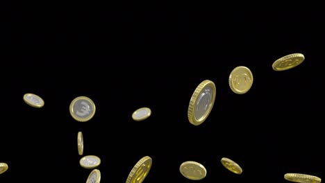 golden coins with dollar and euro logos falling in slow motion.